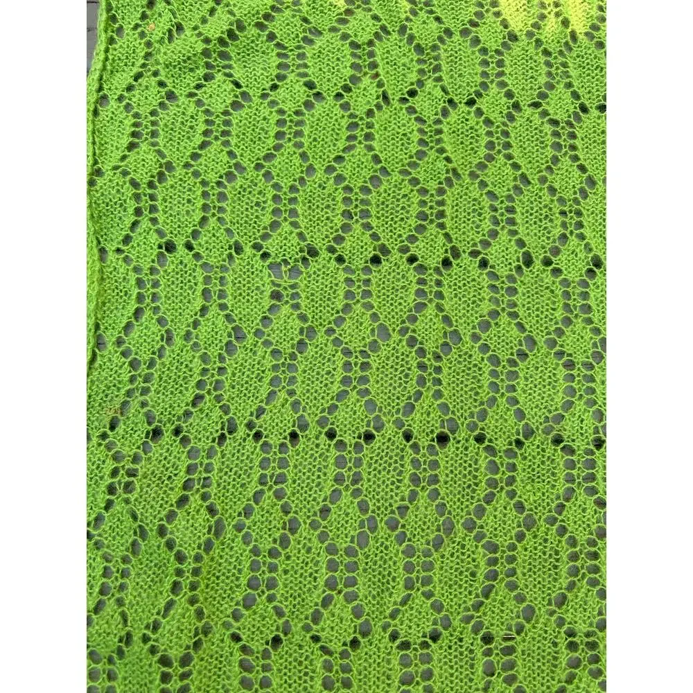 Mohair Wool Crochet Blanket lime green Hand Made Diamond Knit Throw 44x90” shawl